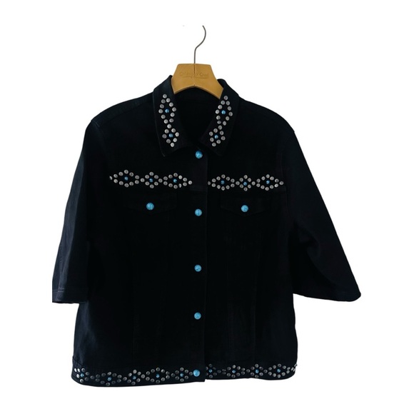 DG2 Diane Gilman Jean Jacket Women XL 3/4 Slv Studded Turquoise Rhinestone Black - Picture 3 of 6